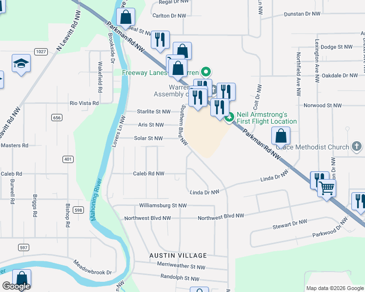 map of restaurants, bars, coffee shops, grocery stores, and more near 1677 Southern Boulevard Northwest in Warren