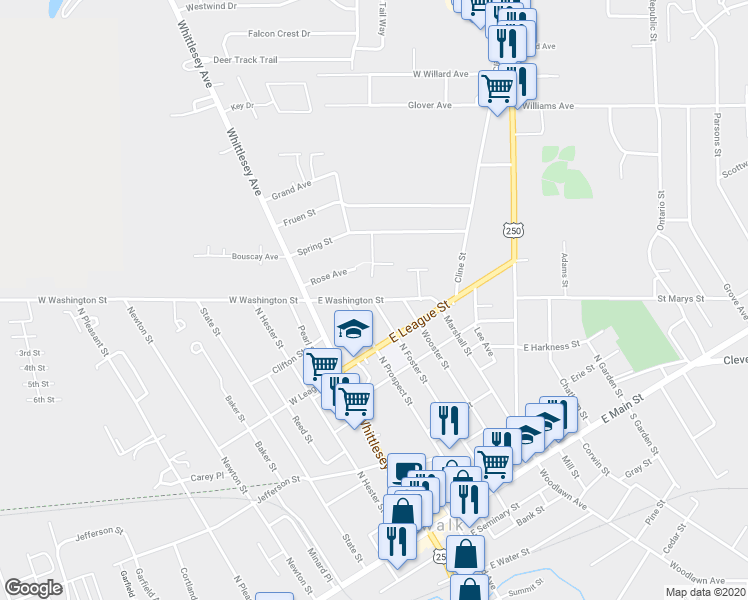 map of restaurants, bars, coffee shops, grocery stores, and more near 98 North Foster Street in Norwalk
