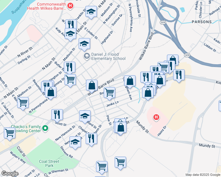 map of restaurants, bars, coffee shops, grocery stores, and more near 16 Laurel Street in Wilkes-Barre