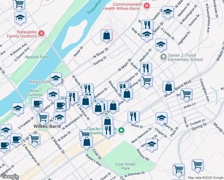 map of restaurants, bars, coffee shops, grocery stores, and more near 314 North Washington Street in Wilkes-Barre