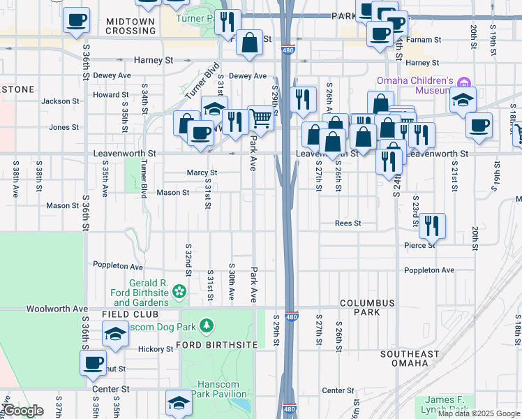 map of restaurants, bars, coffee shops, grocery stores, and more near 1022 South 29th Street in Omaha