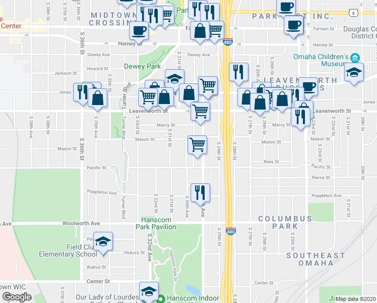 map of restaurants, bars, coffee shops, grocery stores, and more near in Omaha
