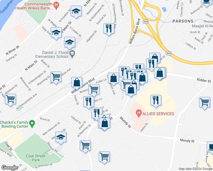 map of restaurants, bars, coffee shops, grocery stores, and more near 287 Bowman St in Wilkes-Barre