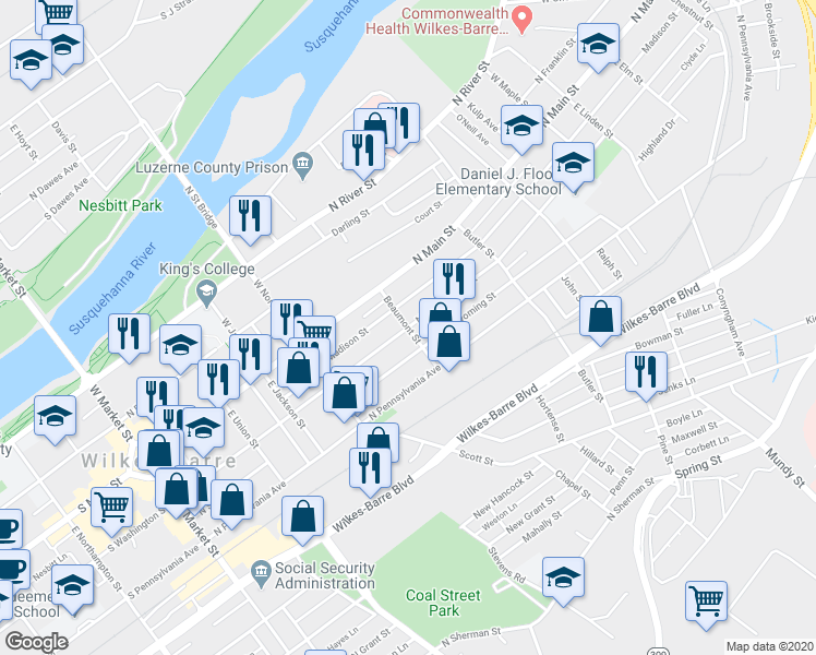 map of restaurants, bars, coffee shops, grocery stores, and more near 42 Beaumont Street in Wilkes-Barre