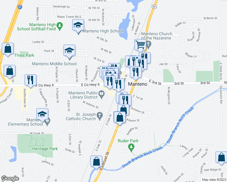 map of restaurants, bars, coffee shops, grocery stores, and more near 77 N Main St in Manteno