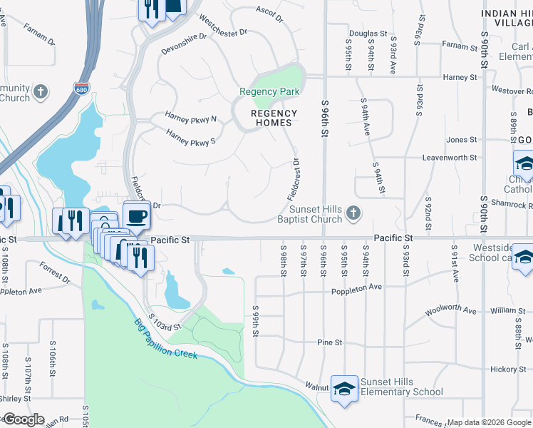 map of restaurants, bars, coffee shops, grocery stores, and more near 9744 Fieldcrest Drive in Omaha
