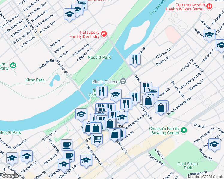 map of restaurants, bars, coffee shops, grocery stores, and more near 98 N River St in Wilkes-Barre