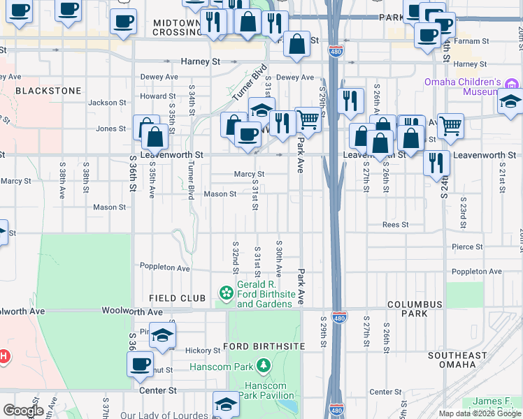 map of restaurants, bars, coffee shops, grocery stores, and more near 3011 Mason Street in Omaha