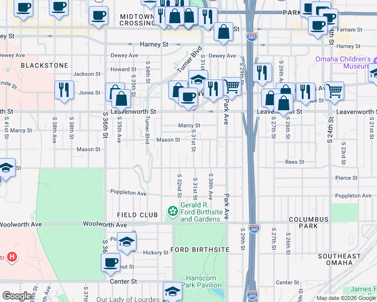 map of restaurants, bars, coffee shops, grocery stores, and more near 1016-1/2 South 31st Avenue in Omaha