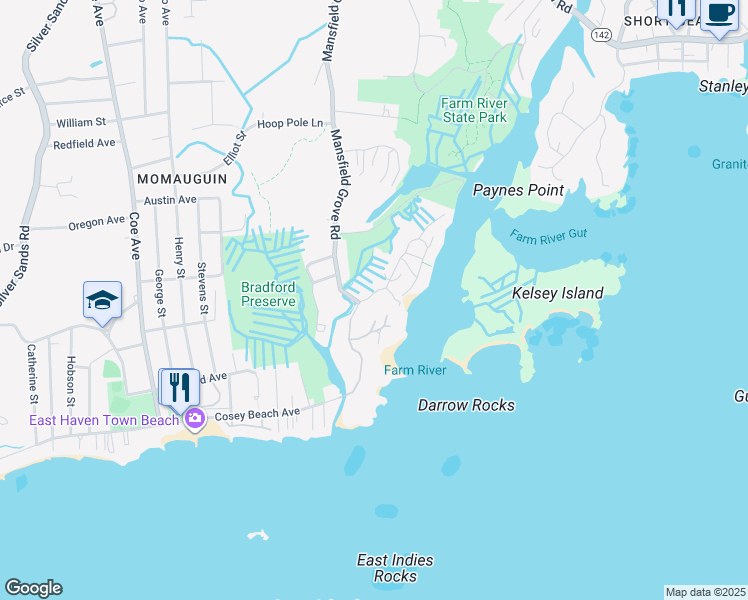 map of restaurants, bars, coffee shops, grocery stores, and more near 74 Mansfield Grove Road in East Haven