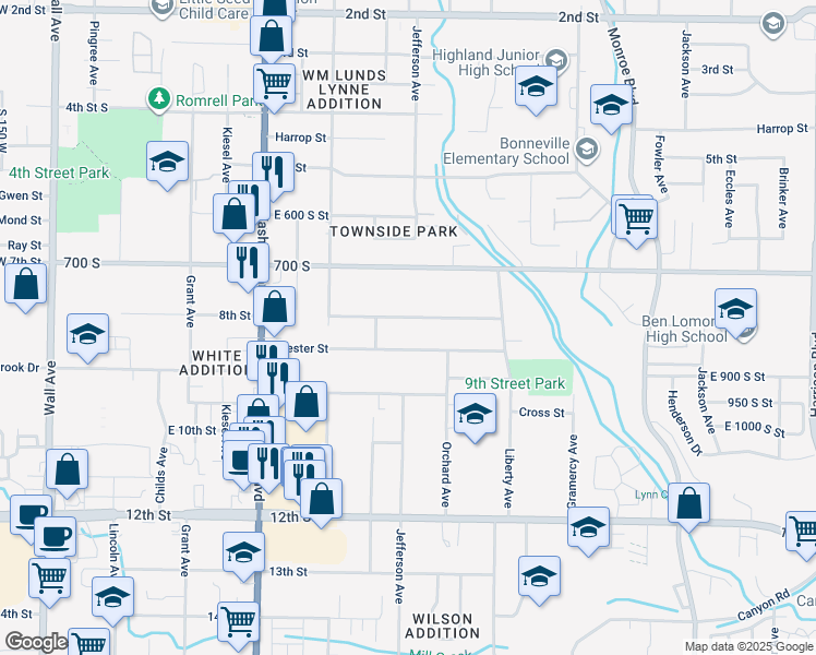 map of restaurants, bars, coffee shops, grocery stores, and more near 609 8th Street in Ogden