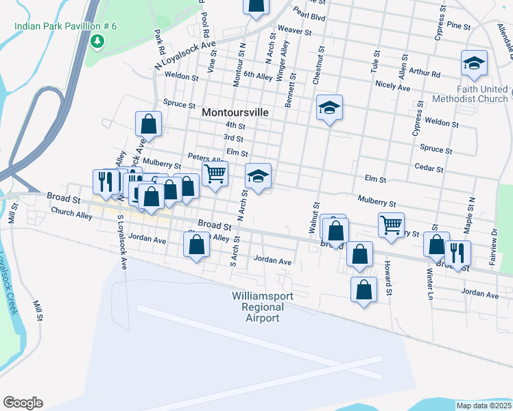 map of restaurants, bars, coffee shops, grocery stores, and more near 50 North Arch Street in Montoursville