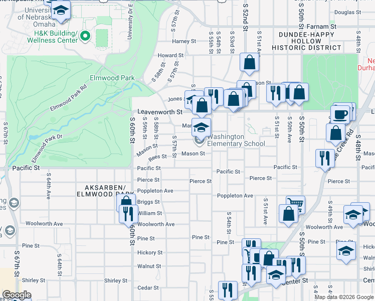 map of restaurants, bars, coffee shops, grocery stores, and more near 5548 Mason Street in Omaha