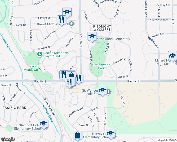 map of restaurants, bars, coffee shops, grocery stores, and more near 15505 Fieldcrest Circle in Omaha