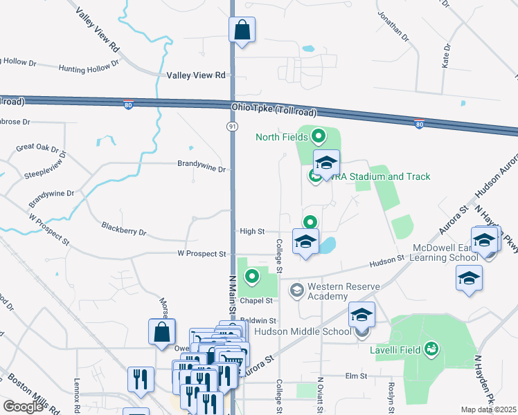 map of restaurants, bars, coffee shops, grocery stores, and more near 240 College Street in Hudson