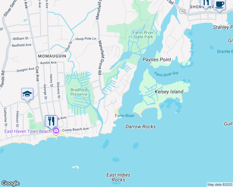 map of restaurants, bars, coffee shops, grocery stores, and more near 74 Mansfield Grove Road in East Haven