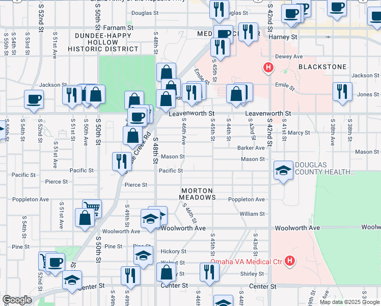 map of restaurants, bars, coffee shops, grocery stores, and more near 4528 Mason Street in Omaha