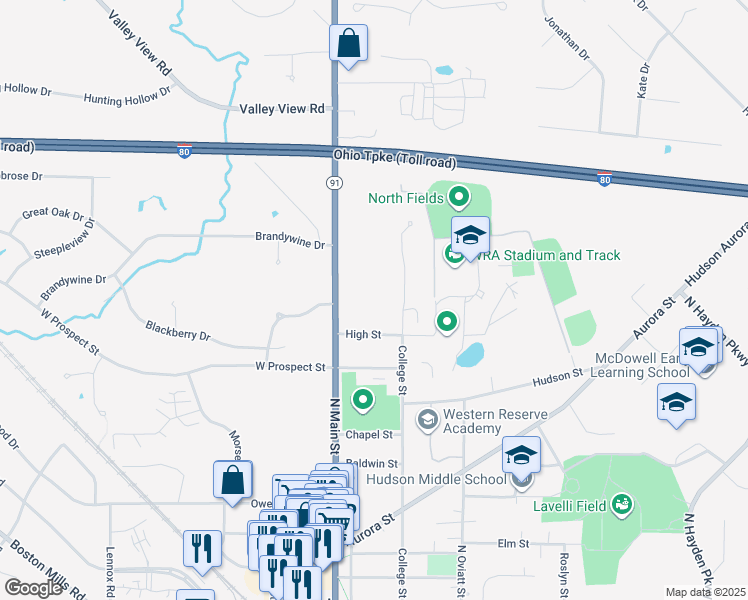 map of restaurants, bars, coffee shops, grocery stores, and more near 240 College Street in Hudson