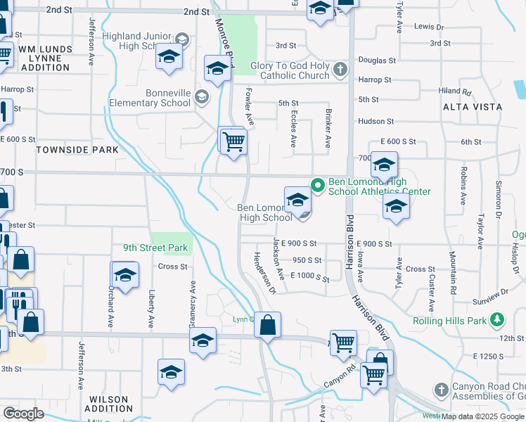 map of restaurants, bars, coffee shops, grocery stores, and more near 820 Monroe Boulevard in Ogden