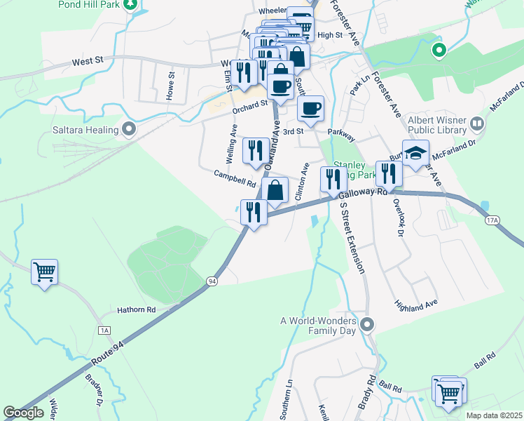 map of restaurants, bars, coffee shops, grocery stores, and more near in Warwick