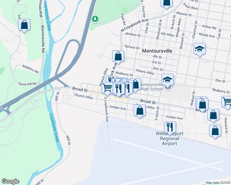 map of restaurants, bars, coffee shops, grocery stores, and more near 335 Broad Street in Montoursville