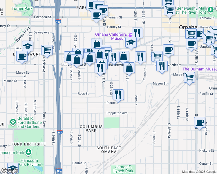 map of restaurants, bars, coffee shops, grocery stores, and more near 1018 South 23rd Street in Omaha
