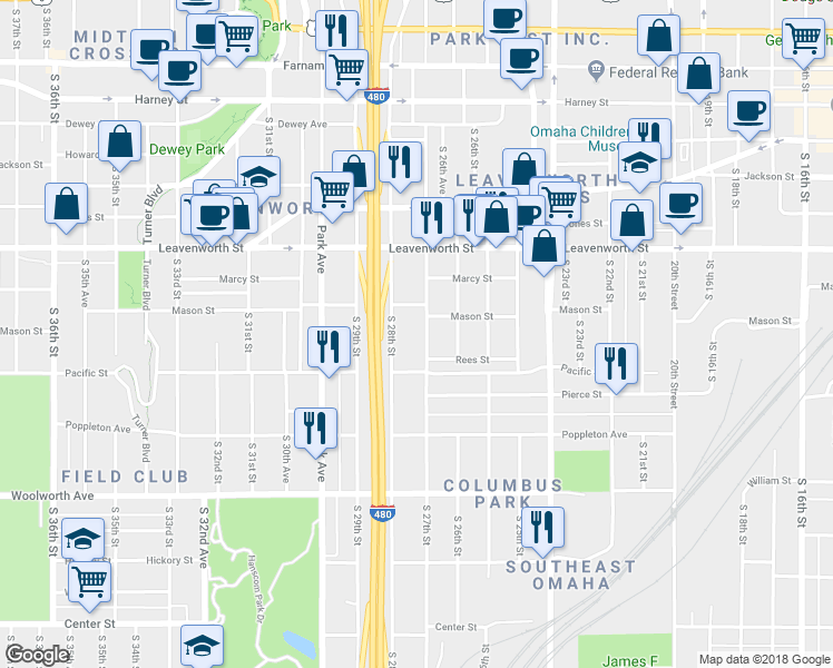 map of restaurants, bars, coffee shops, grocery stores, and more near 1024 South 27th Street in Omaha