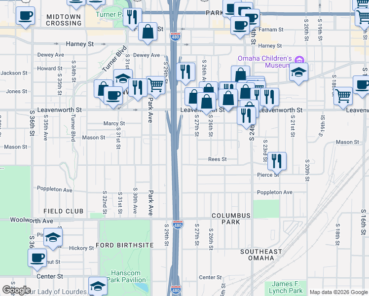 map of restaurants, bars, coffee shops, grocery stores, and more near 1029 South 28th Street in Omaha