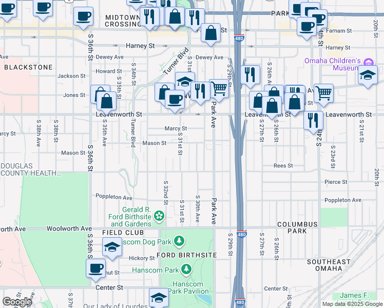 map of restaurants, bars, coffee shops, grocery stores, and more near 3011 Mason Street in Omaha