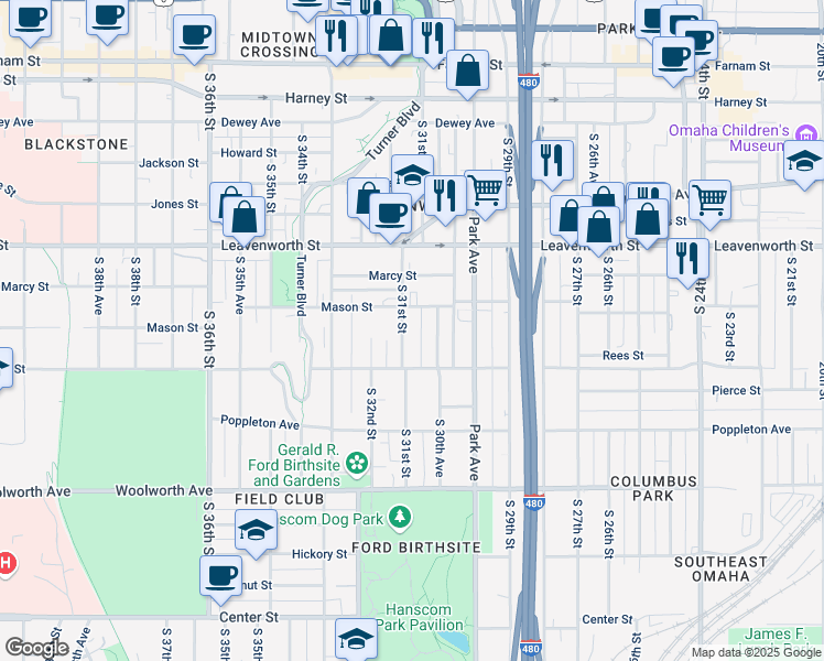 map of restaurants, bars, coffee shops, grocery stores, and more near 3011 Mason Street in Omaha