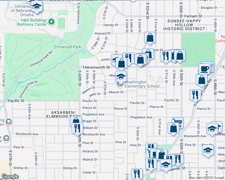 map of restaurants, bars, coffee shops, grocery stores, and more near 5548 Mason Street in Omaha