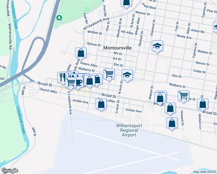 map of restaurants, bars, coffee shops, grocery stores, and more near in Montoursville