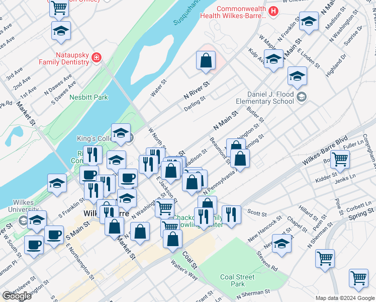 map of restaurants, bars, coffee shops, grocery stores, and more near 223 North Main Street in Plains