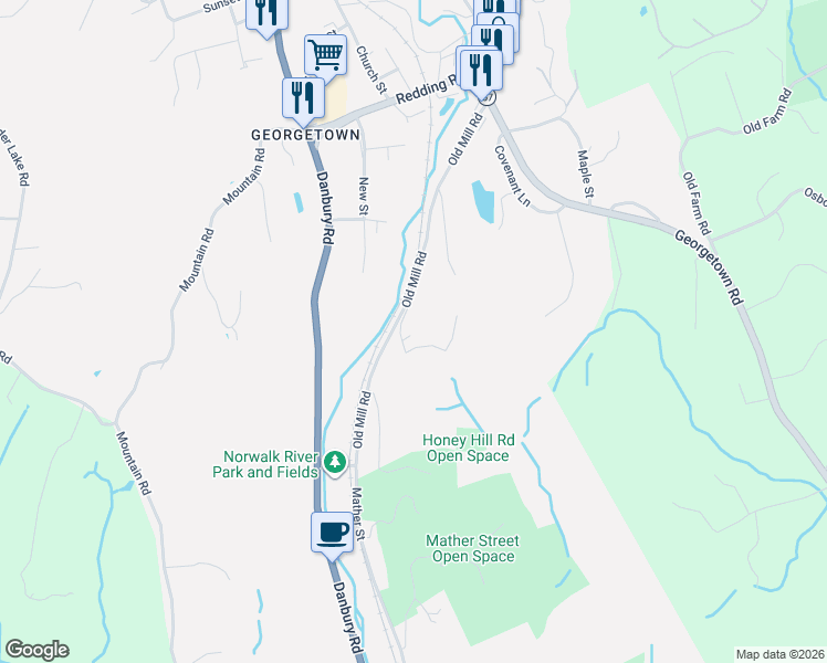 map of restaurants, bars, coffee shops, grocery stores, and more near 72 Old Mill Road in Wilton