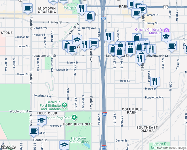 map of restaurants, bars, coffee shops, grocery stores, and more near 1029 Park Avenue in Omaha