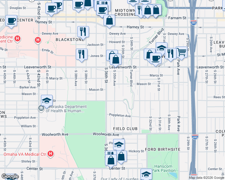 map of restaurants, bars, coffee shops, grocery stores, and more near 927 1/2 South 36th Street in Omaha