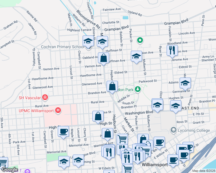 map of restaurants, bars, coffee shops, grocery stores, and more near 963 Market Street in Williamsport