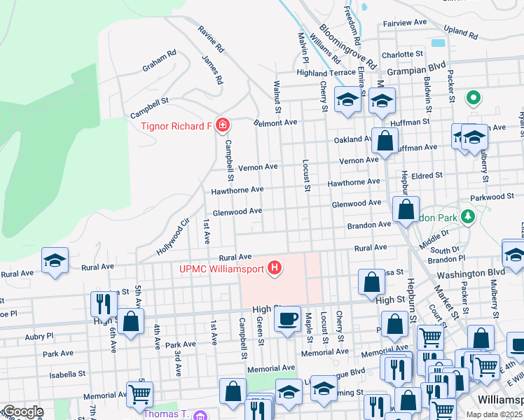 map of restaurants, bars, coffee shops, grocery stores, and more near 722 Glenwood Avenue in Williamsport