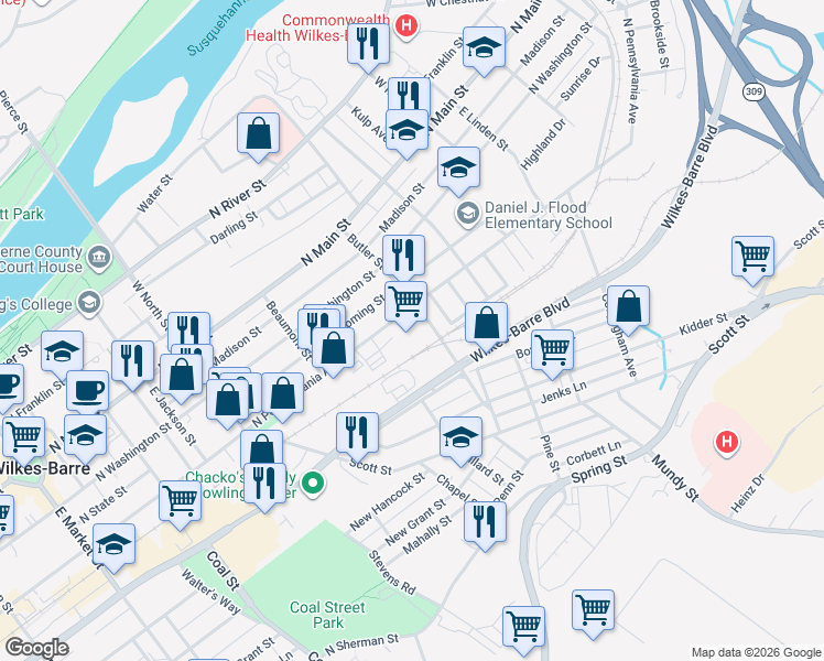 map of restaurants, bars, coffee shops, grocery stores, and more near 421 North Pennsylvania Avenue in Wilkes-Barre