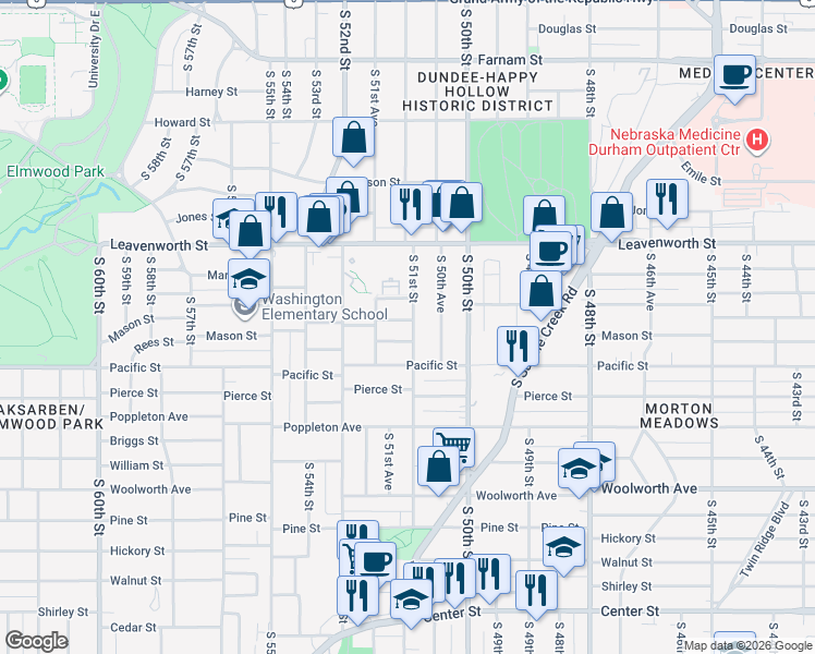map of restaurants, bars, coffee shops, grocery stores, and more near 5103 Mason St in Omaha