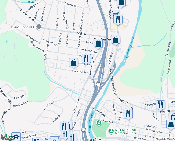 map of restaurants, bars, coffee shops, grocery stores, and more near 1601 Dewey Avenue in Williamsport