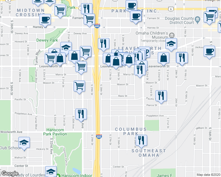 map of restaurants, bars, coffee shops, grocery stores, and more near 1024 South 27th Street in Omaha