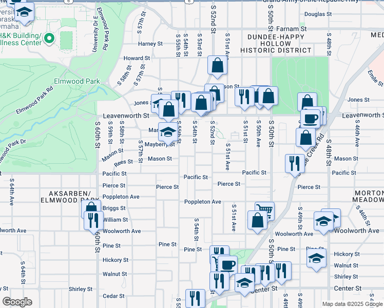 map of restaurants, bars, coffee shops, grocery stores, and more near 938 South 54th Street in Omaha