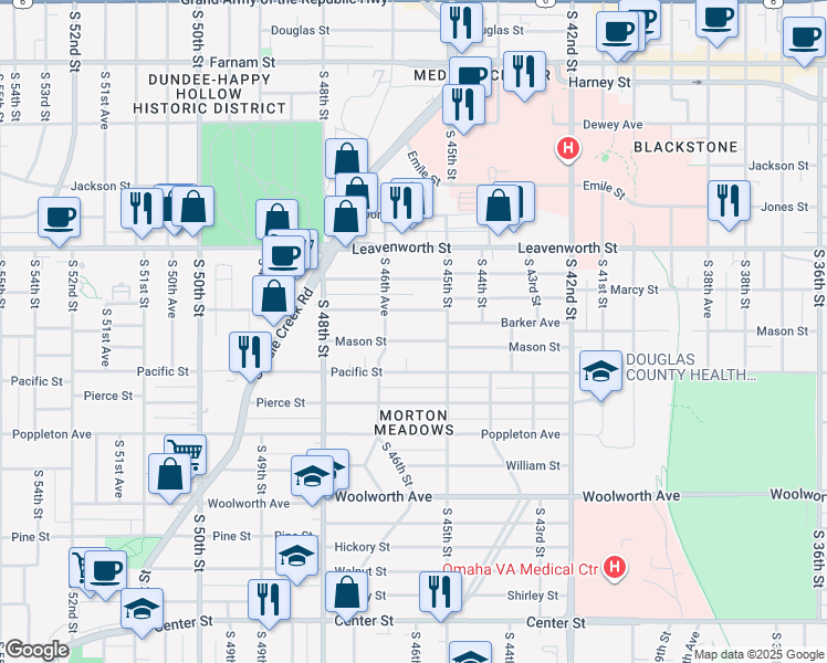 map of restaurants, bars, coffee shops, grocery stores, and more near 4528 Mason Street in Omaha