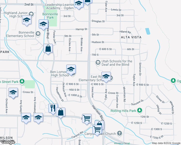 map of restaurants, bars, coffee shops, grocery stores, and more near 782 Harrison Boulevard in Ogden