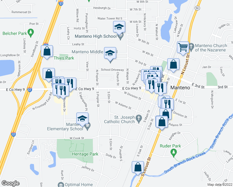 map of restaurants, bars, coffee shops, grocery stores, and more near 346 West Division Street in Manteno