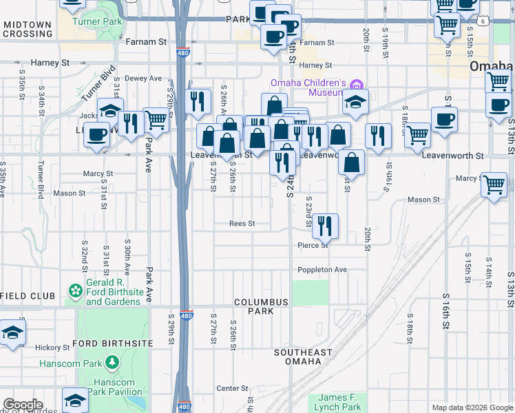 map of restaurants, bars, coffee shops, grocery stores, and more near 1011 S 25th Ave in Omaha