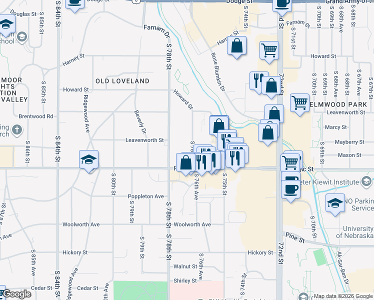 map of restaurants, bars, coffee shops, grocery stores, and more near 908 South 76th Street in Omaha