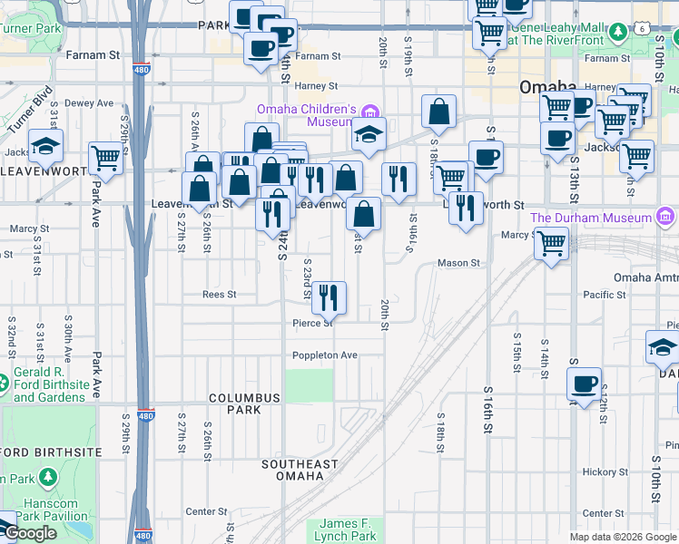 map of restaurants, bars, coffee shops, grocery stores, and more near 1015 South 22nd Street in Omaha