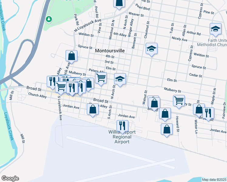 map of restaurants, bars, coffee shops, grocery stores, and more near 100 North Arch Street in Montoursville